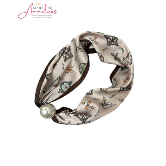 Dames Halssjaal Bruin beige blaadjes print korte sjaal met parel 542 Dames Halssjaal Bruin beige blaadjes print korte sjaal met parel 542